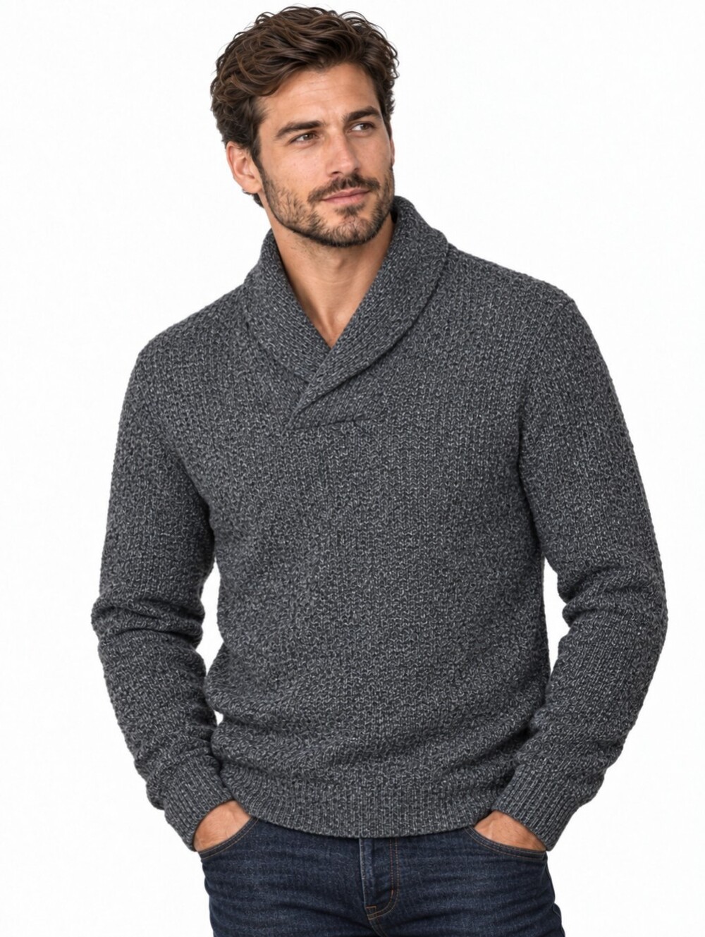 American Eagle Men's Charcoal Gray Shawl Collar Fisherman Knit Sweater Size XXL